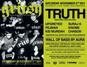 Flyer for Gritsy Presents Truth at Stereo Live on Nov 5th, 2011