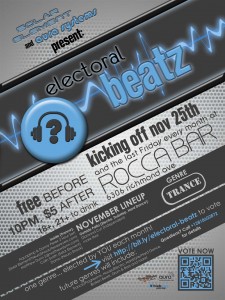Flyer for Electoral Beatz, a monthly event starting Nov 30th at Rocca Bar