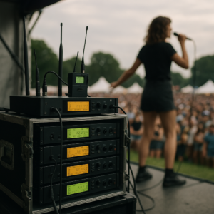 Sure! Here’s a more concise version: **Alt text:** "Shure and Sennheiser wireless RF equipment on stage at a live concert, highlighting premium rental and sales for professional audio and events."